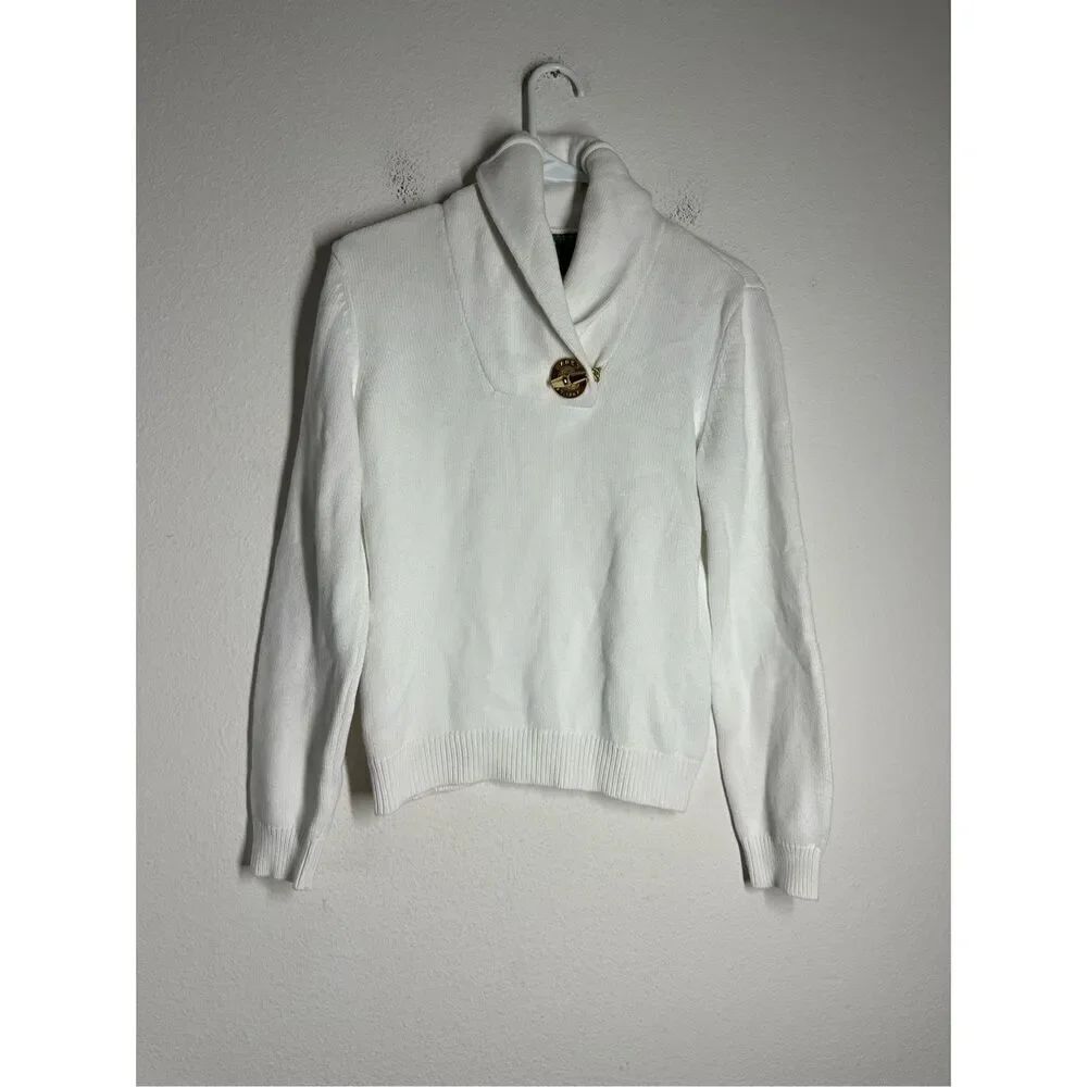 Ralph Lauren Womenās Cotton White SweaterāGold Buckle Toggle Nautical Shawl Sz S